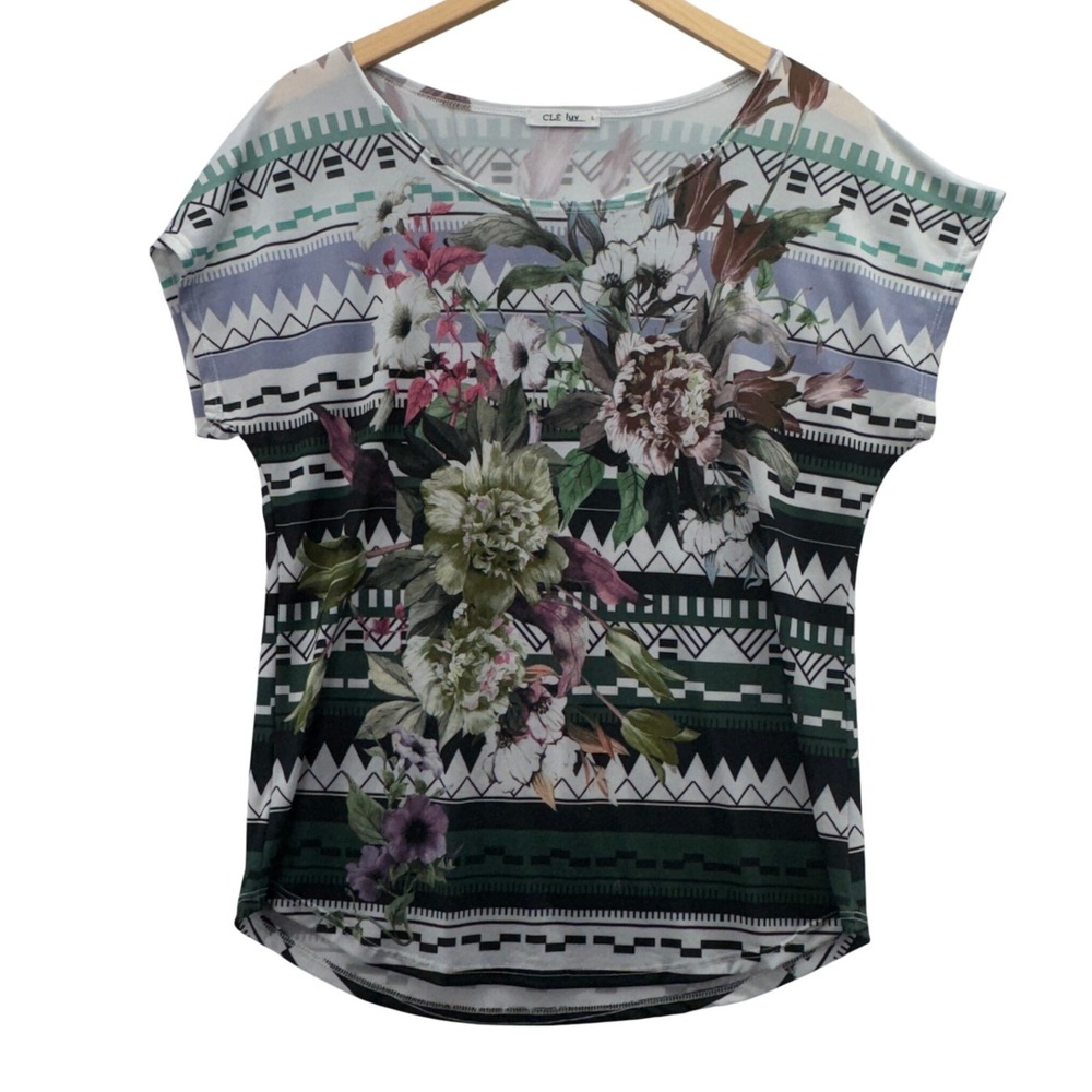 Womens Size Large Clé‎ Luv Floral Geometric Print Blouse Top Boho Casual